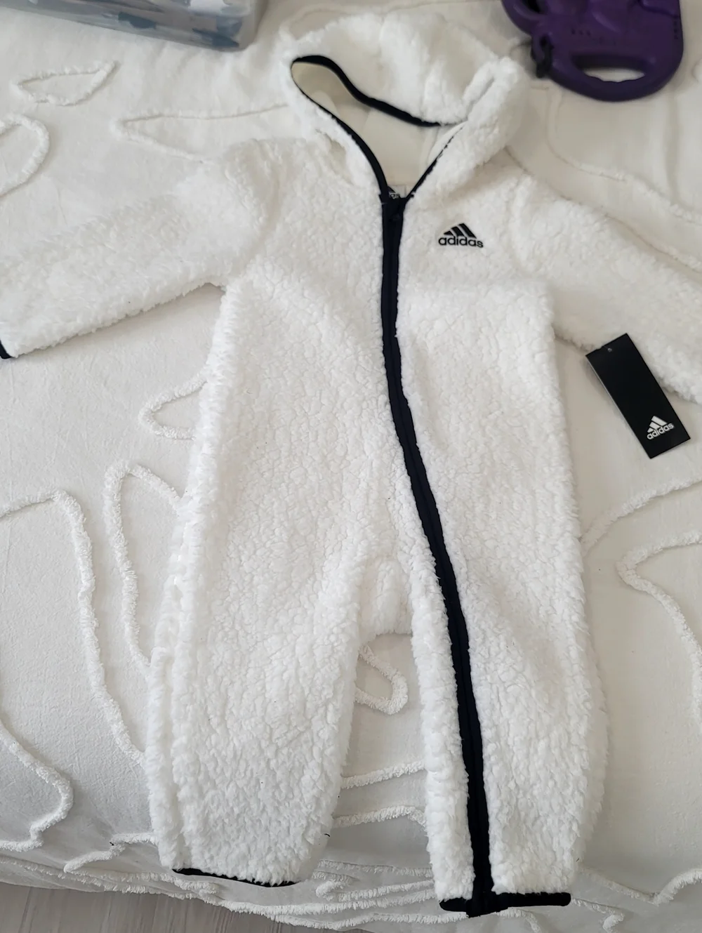 NWT Unisex Adidas Toddler Plush Sherpa Fleece Hooded Romper Jumpsuit 18M - Picture 2 of 13